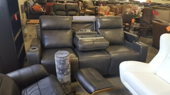 Manwah Charcoal Leather Power Reclining Sofa with Cupholders, Arm Storage & Adjustable Headrests