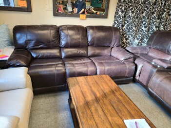 ManWah Dark Brown Leather Power Reclining Sofa with Power Adjustable Headrests & USB