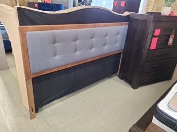 Light Maple Finish King Headboard with Charcoal Fabric Upholstery