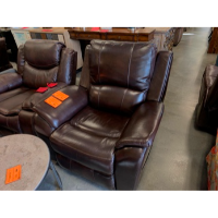 Manwah Walnut Leather Power Recliner with Adjustable Headrest