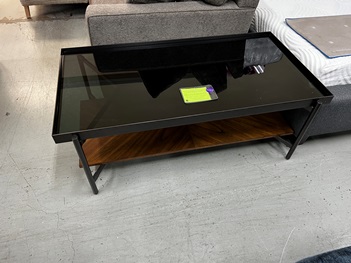 Metal-Framed Coffee Table with Glass Top & Maple Finish Base