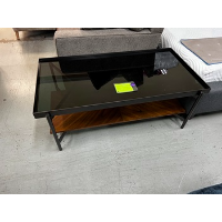 Metal-Framed Coffee Table with Glass Top & Maple Finish Base