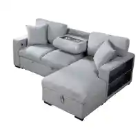 Homelegance Pompano Grey Boucle Sofa with Right-Hand Chaise, Drop-Down Console, Storage & Pop-Up Sleeper