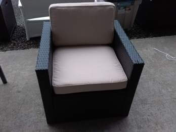 Dark Brown PVC Resin Wicker Chair with Beige Cushions