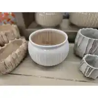 Three Hands White Short Round Planter with Vertical Stripe Accents