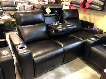 Manwah Limited Renaissance Black Leather Dual Power Reclining Sofa with Drop-Down Console, Cupholders & Storage