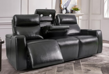 Manwah Limited Renaissance Black Leather Dual Power Reclining Sofa with Drop-Down