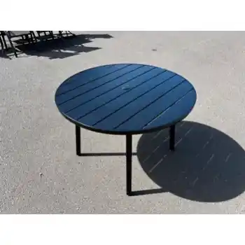 Outdoor Black Metal Round Slat-Top 42-Inch Dining Table