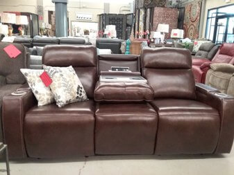 Manwah Dark Brown Leather Power Reclining Sofa with Cupholders, Arm Storage & Adjustable Headrests