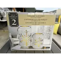 Ceramic White Lantern with Snowflake Cut-Outs (set of 2) 