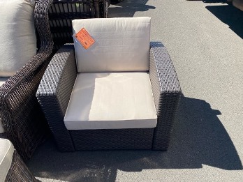 Outdoor Dark Brown PVC Wicker Chair with Light Beige Cushions & Squared Arms