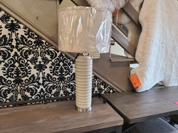 Textured Beige Table Lamp with Round White Shade
