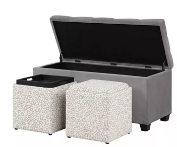 Glamour Silver Fabric Storage Bench with 2 Cube Ottomans