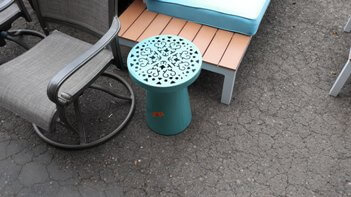Outdoor Teal Round Metal Pedestal Side Table with Cut-Out Accents