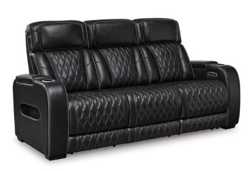 Ashley Bentley Black Leather Dual Power Reclining Sofa with Air Massage, USB & LEDs