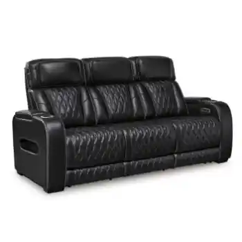 Ashley Bentley Black Leather Dual Power Reclining Sofa with Air Massage, USB & LEDs