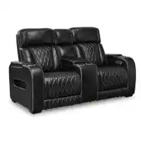 Ashley Bentley Black Leather Dual Power Reclining Console Loveseat with Air Massage, USB & LEDs