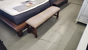 Walnut Finish Bench with Beige Upholstery