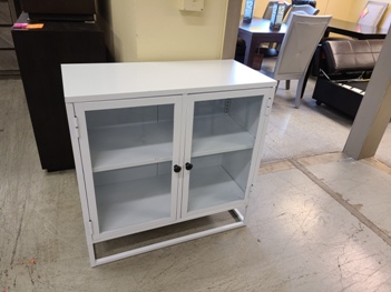 White Metal Console Cabinet with Glass Doors