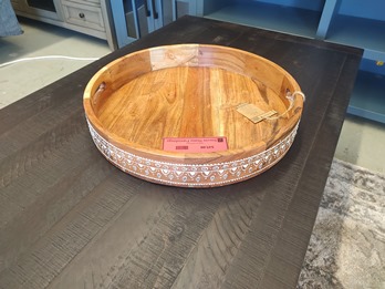 Large Round Hardwood Tray with White & Crystal Accents